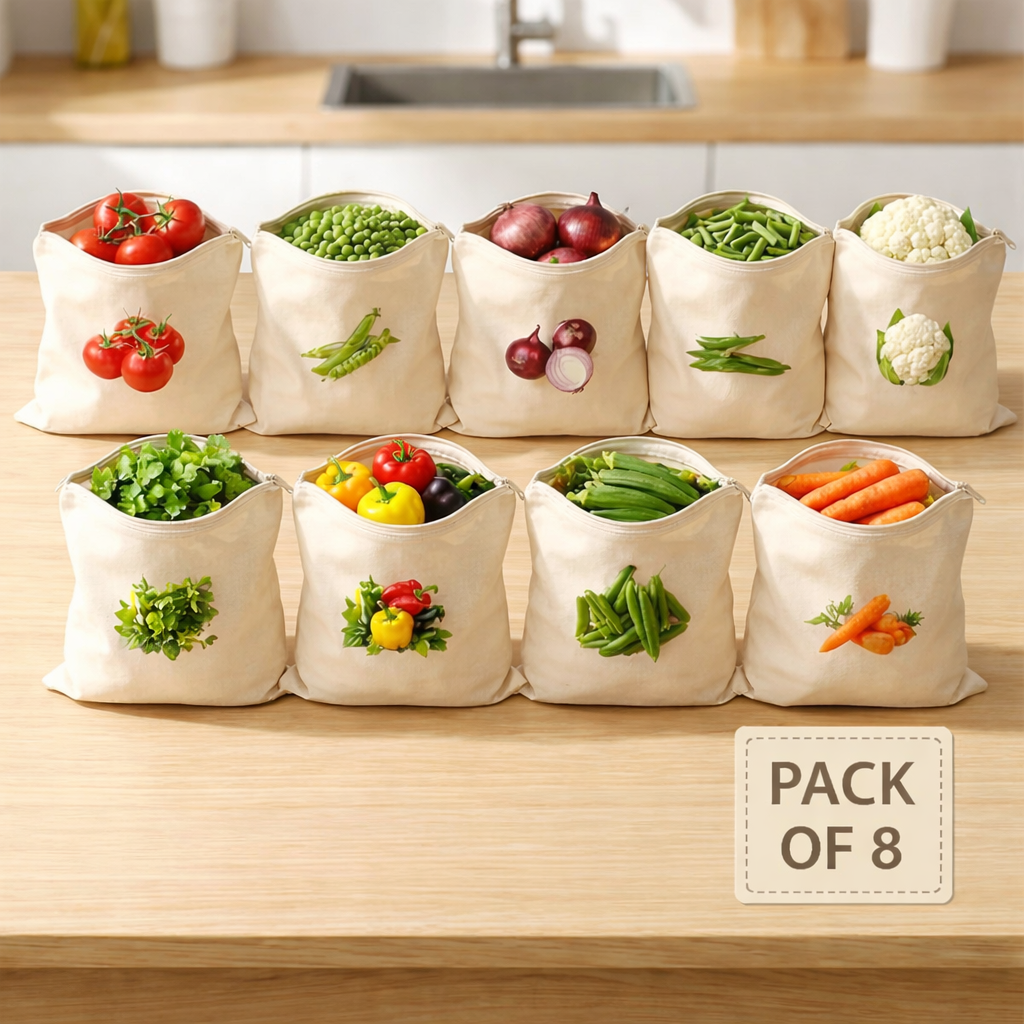 Reusable Cotton Vegetable Storage Bags for Fridge PACK OF 8