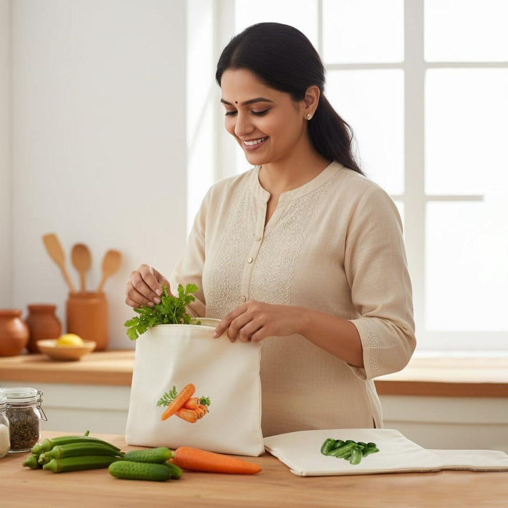Reusable Cotton Vegetable Storage Bags for Fridge PACK OF 8
