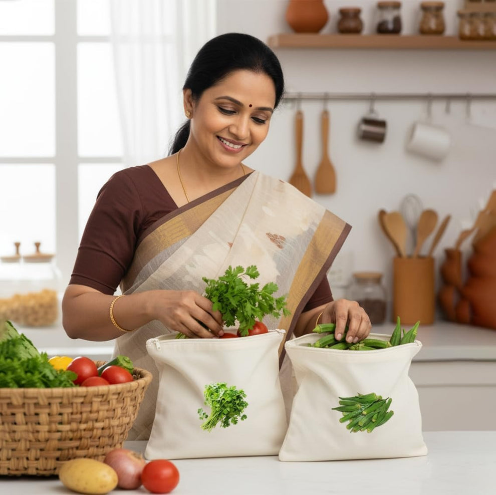 Reusable Cotton Vegetable Storage Bags for Fridge PACK OF 8