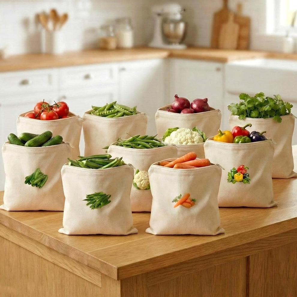 Reusable Cotton Vegetable Storage Bags for Fridge PACK OF 8